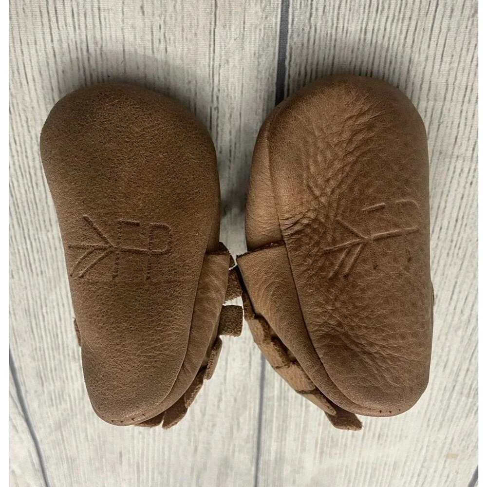 Tan Brown Freshly Picked FP Boy Leather Moccasins, Size 1